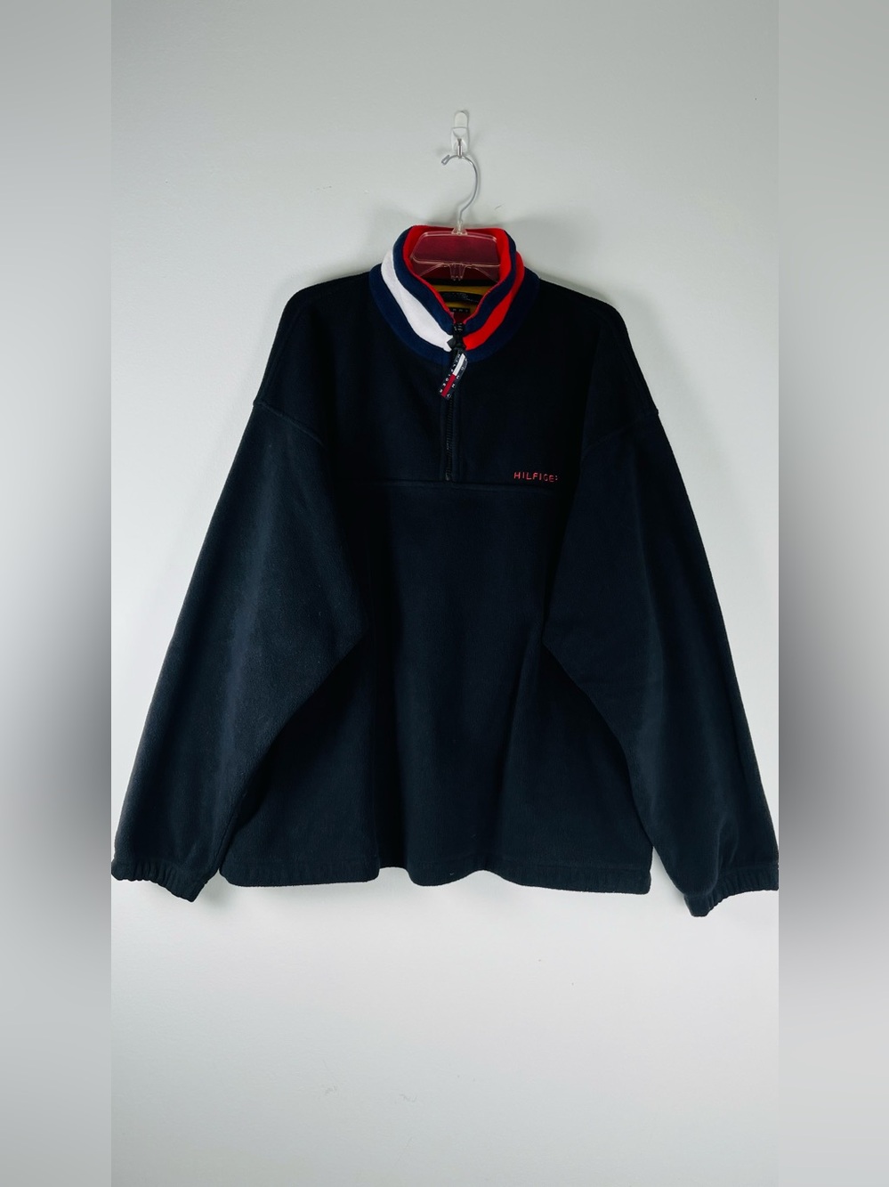 Vintage Tommy Hilfiger Men’s Navy Half-Zip Fleece with Red & White Trim Size XL